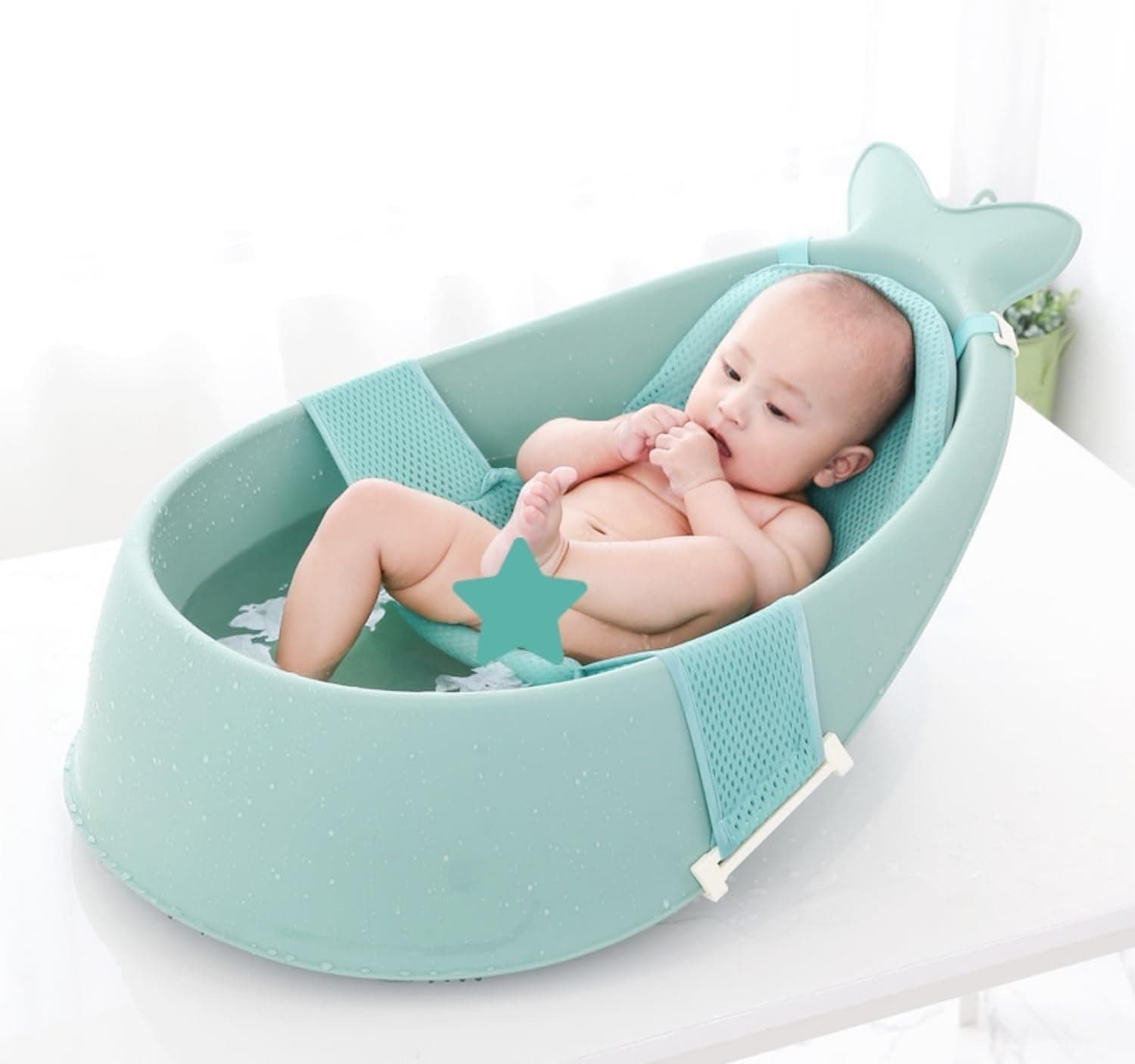 Baby Bath Tub with Bathmat Cushion, Whale Baby Bathtub with Drain Hole, Shower Basin with Non-Slip for Baby Boy Girl(Green)