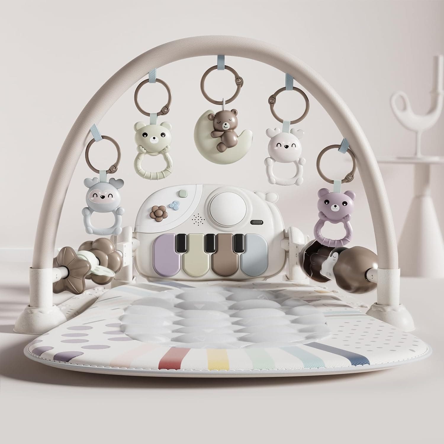 Jovow Baby Gym Mat with Detachable Piano for Babies 0-3 6-9 12 Months | Tummy Time Play Toys Activity Mat with 5 Rattles Infant Toys,Music & Light Sensory Newborn Gifts