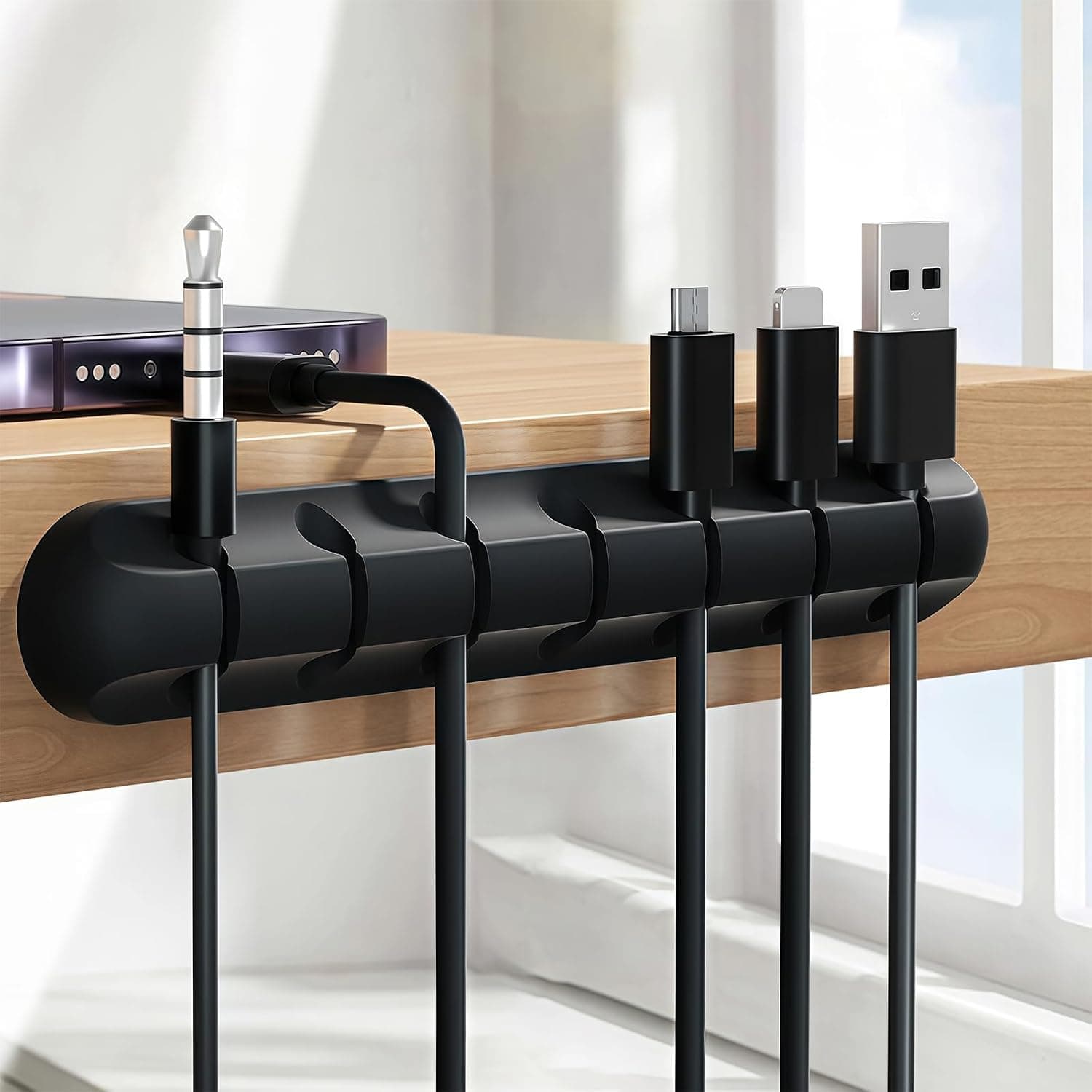7-Slot Cable Management Clip (1 Pack, Black) - Adhesive Cord Organizer Holder for Desk, Car, Home Office, USB/Charger Cables Wire Management
