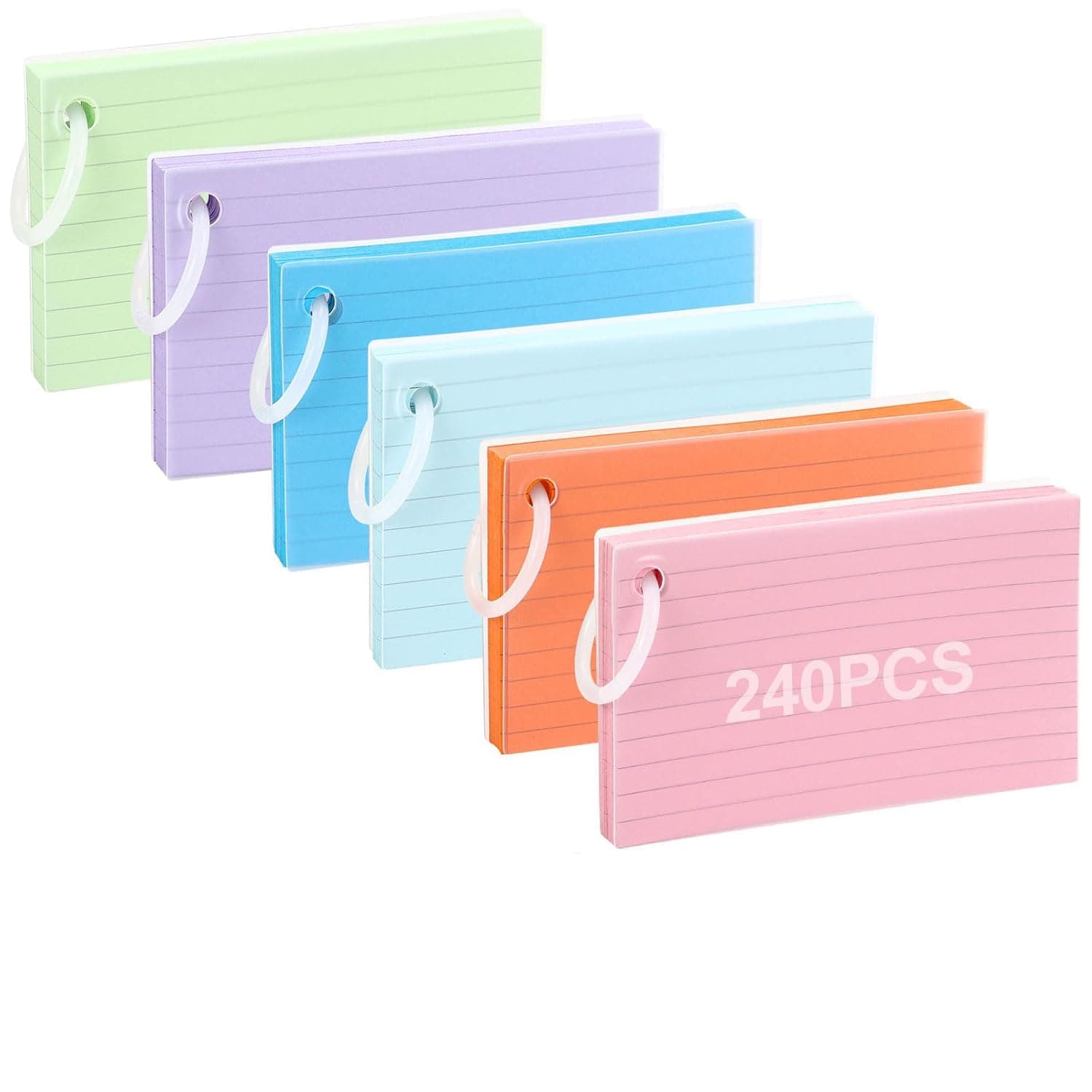 240 PCS Back to School Colored Index Cards, 3x5 Inch Flashcards with Ring, 200GSM Heavy Duty Notecards, Lined Study Cards with 2 Alphabet Stickers, DIY School Supplies, To Do List