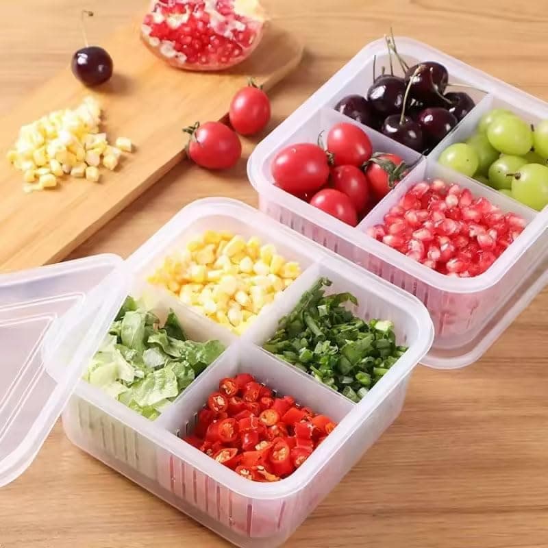 Set of 2 Fridge Organizer, Fruit Vegetable Storage Saver Containers with Lid & Colander for Kitchen | BPA-Free Plastic Container Fresh Keeper Set, 4 Partitions in Each Box