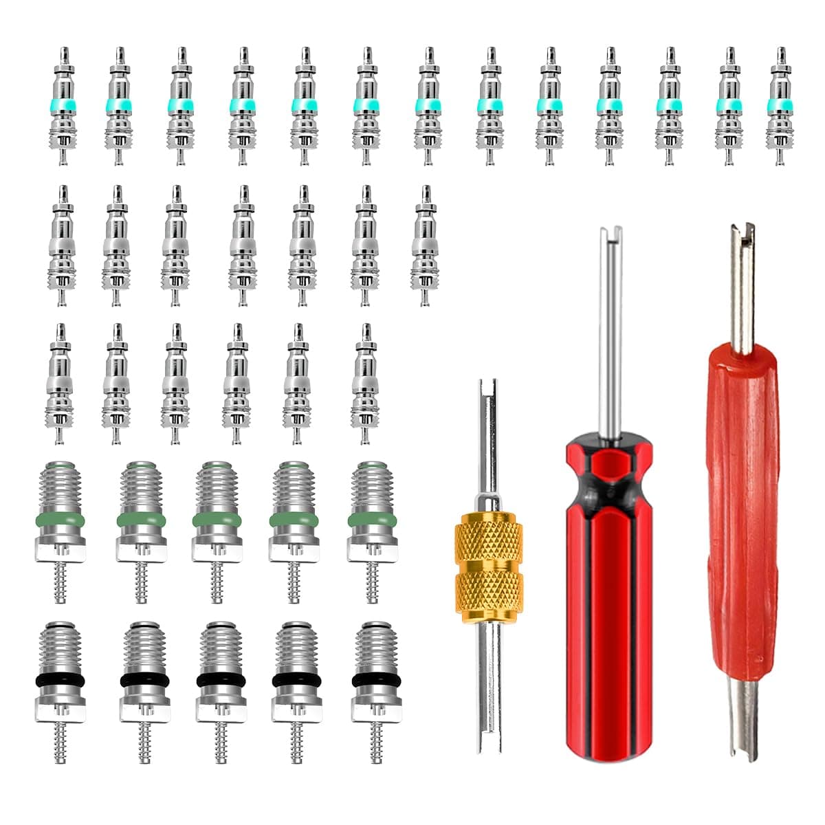 Osilly 39PCS Car Air Conditioning Valve Core Kit, R12 R134a Vehicle AC Refrigeration Schrader Valve Stem Cores with Removal Tool, Automotive HVAC System Repair Assortment, Universal Fit