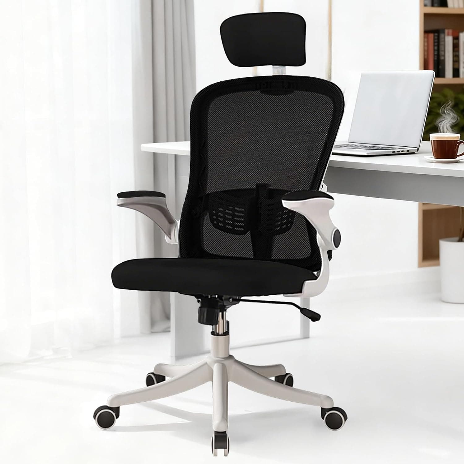 Ergonomic Mesh Office Chair with Adjustable Lumbar Support & Flip-Up Armrests, 360° Swivel for Home or Study (Black) | كرسي مكتب شبكي مريح بدعم قطني قابل للتعديل وذراعين قابلة للرفع وقاعدة دوارة ٣٦٠°