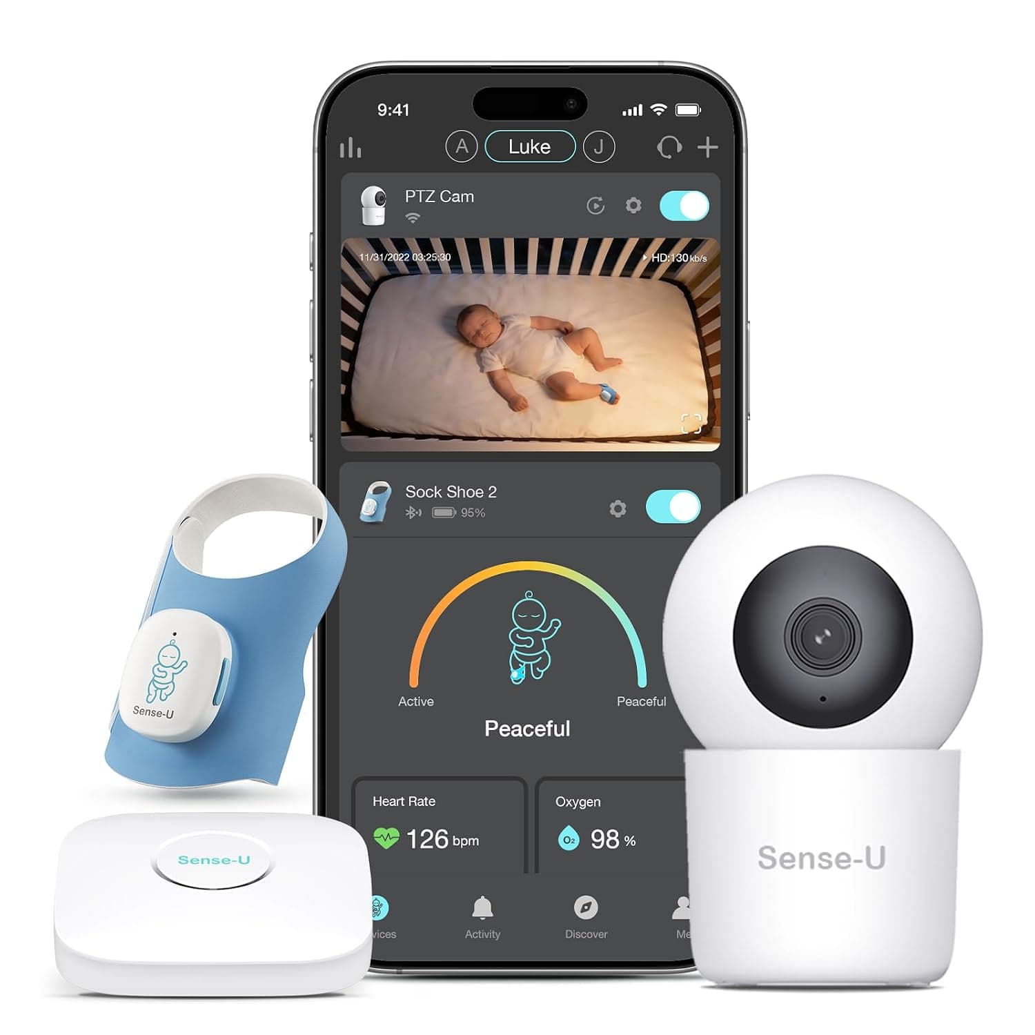 Sense-U Smart Baby Sock Shoe 2 Bundle – Track Heart Rate & Sleep Pattern with 2.5K HD Video Camera, AI Cry Detection & Audio, for 1–18 Months