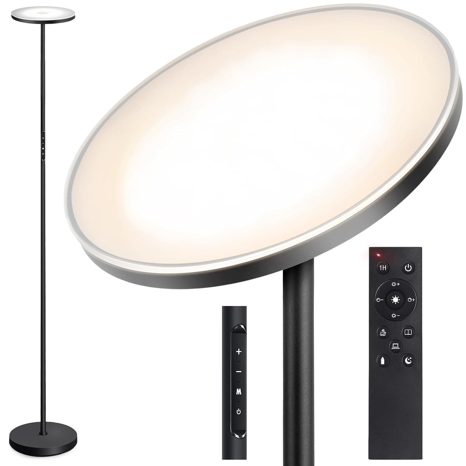 OUTON 30W 3000LM LED Uplighter Floor Lamp with Remote & Touch Control | Super Bright Dimmable Standing Tall Lamp with 4 Color Temperatures, 1 Hour Timer for Living Room Bedroom Office, Black