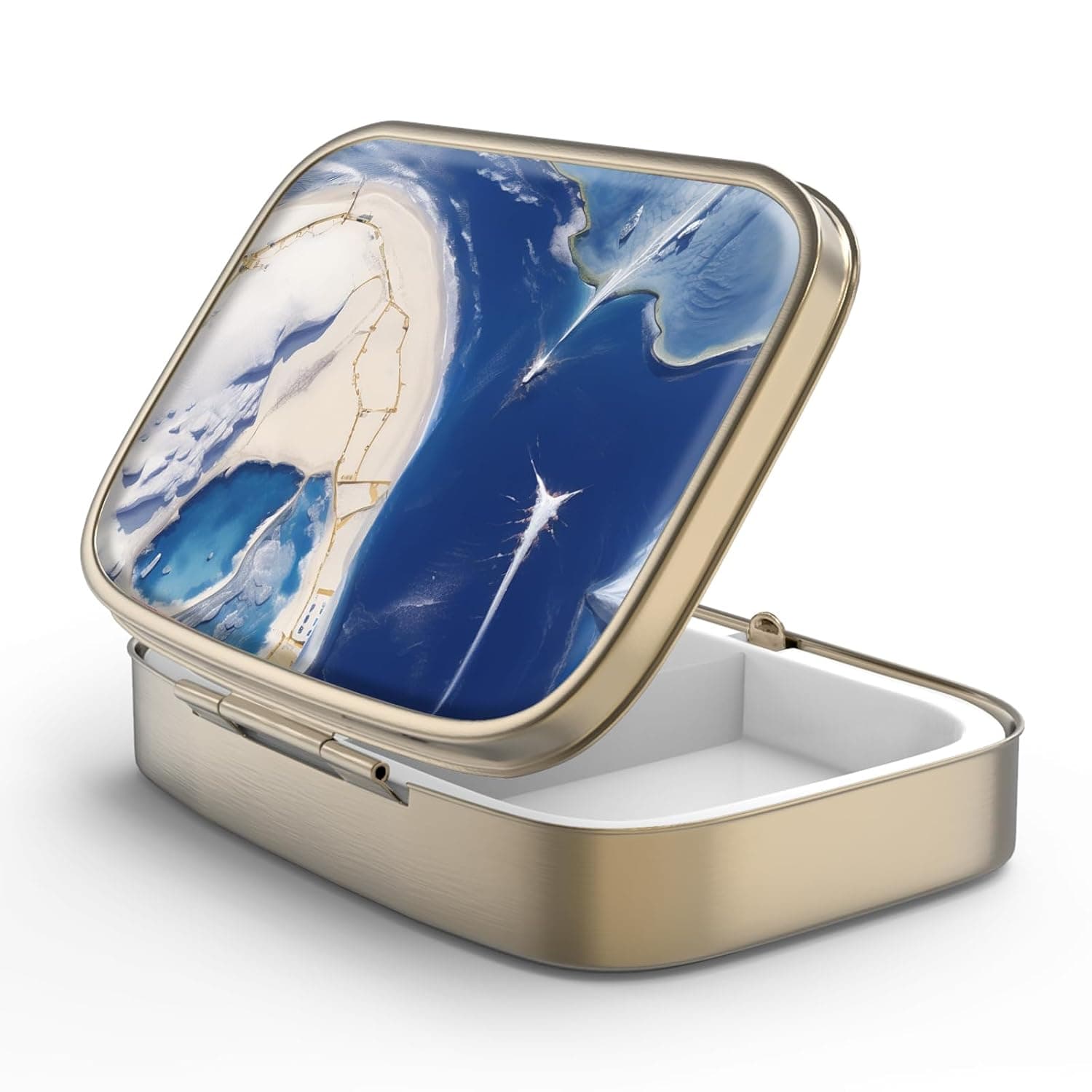 Retro Pill Box with Mirror, 2 Compartment Small Pill Box, Bronze Rectangular Pill Box for Vitamins, Fish Oil, Dietary Supplement, Pills Included