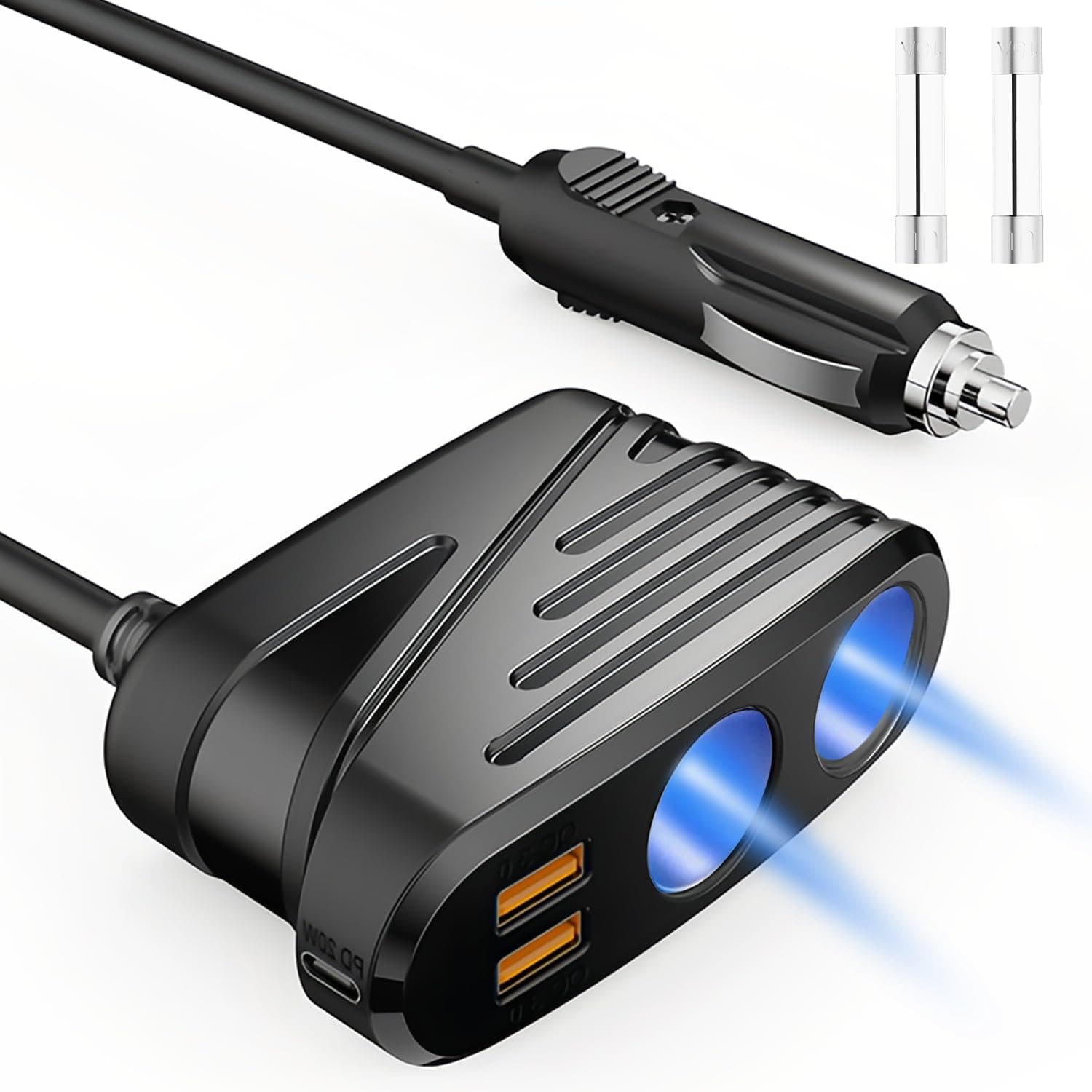 Car Charger Adapter 120W, 12V 2-Socket Cigarette Lighter Splitter, TR-31 | QC 3.0 & PD 20W, USB-C Fast Vehicle Phone Charger, Dual Socket Hole Splitter, 5-in-1 Car Plug Adapter with Multi Power Outlet