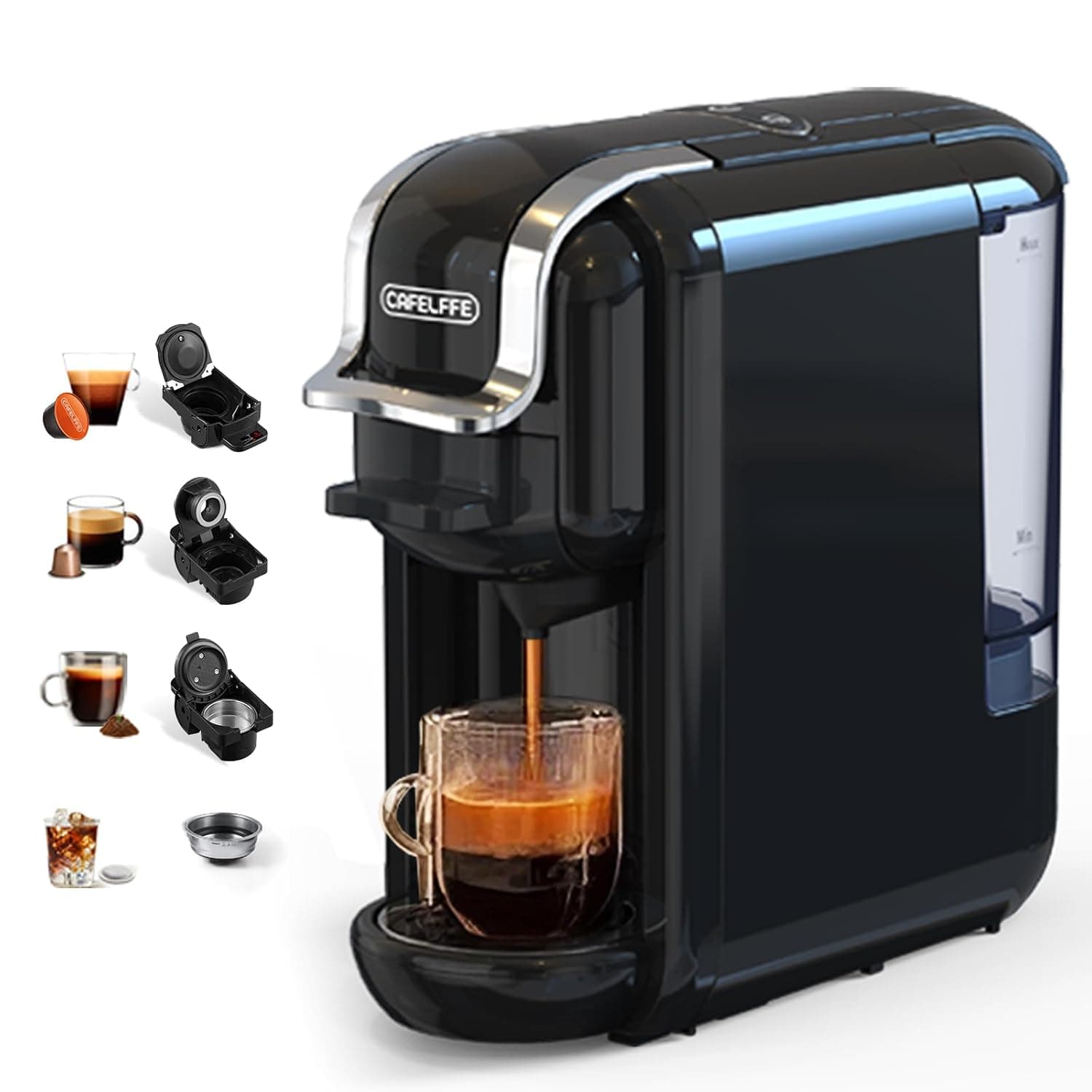 Cafelffe MK-603 Capsule Coffee Machine, 19 Bar 4-in-1 Hot/Cold Espresso Maker, Compatible Nes*/DG* Pod/Coffee Powder, 220V Saudi Arabia Use, Fast Brew, Compact for Home/Office - Easy Clean,Black