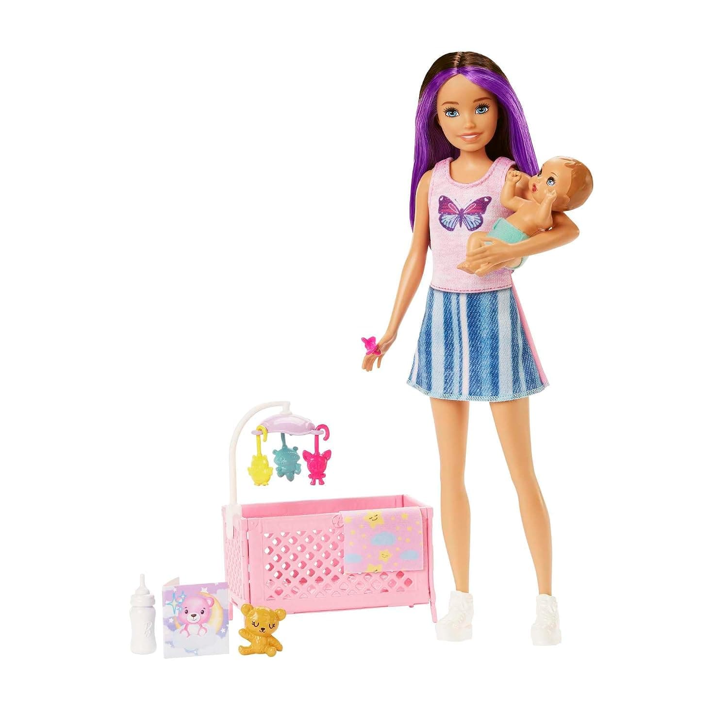 Barbie Doll and Accessories, Crib Playset with Skipper Doll, Baby Doll with Sleepy Eyes, Furniture and Themed Accessories, Babysitters Inc,