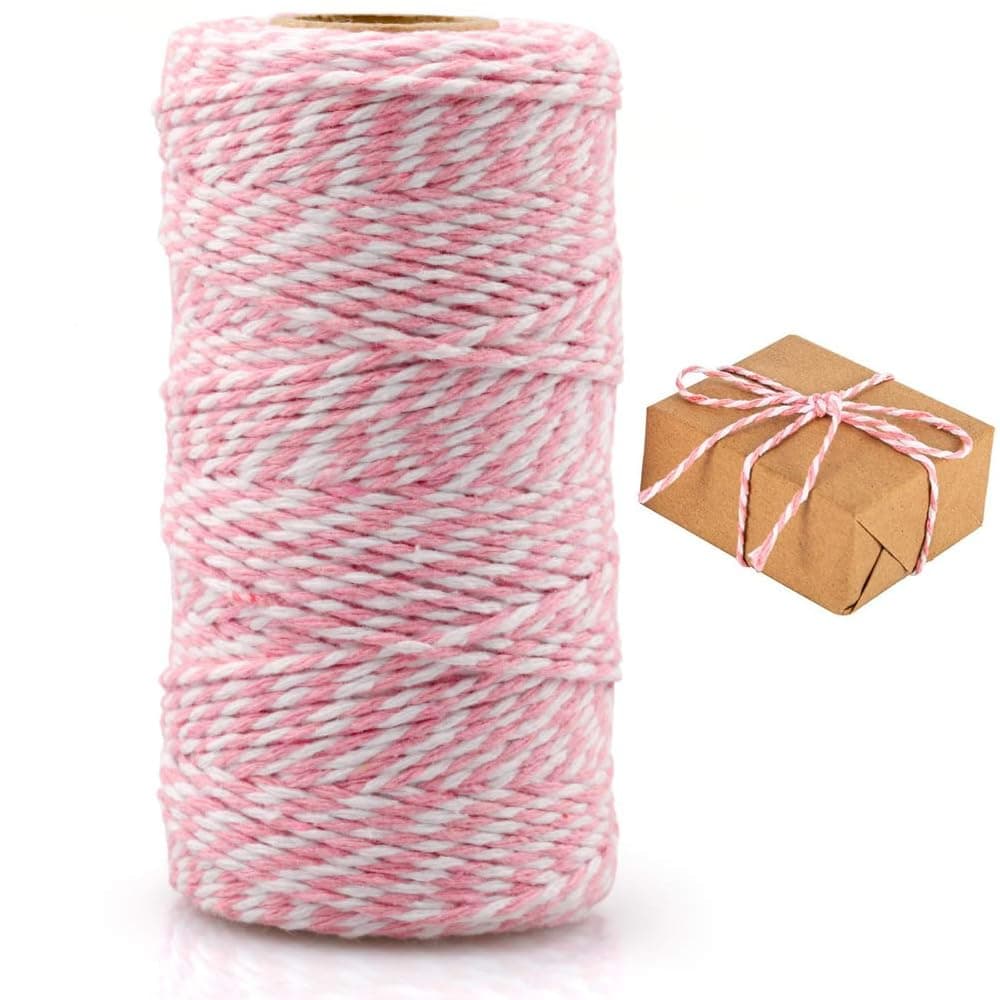 Pink and White Bakers Twine String, 328 Feet Heavy Duty Cotton Twine, 2MM Craft String for DIY, Gift Wrapping, and Packing