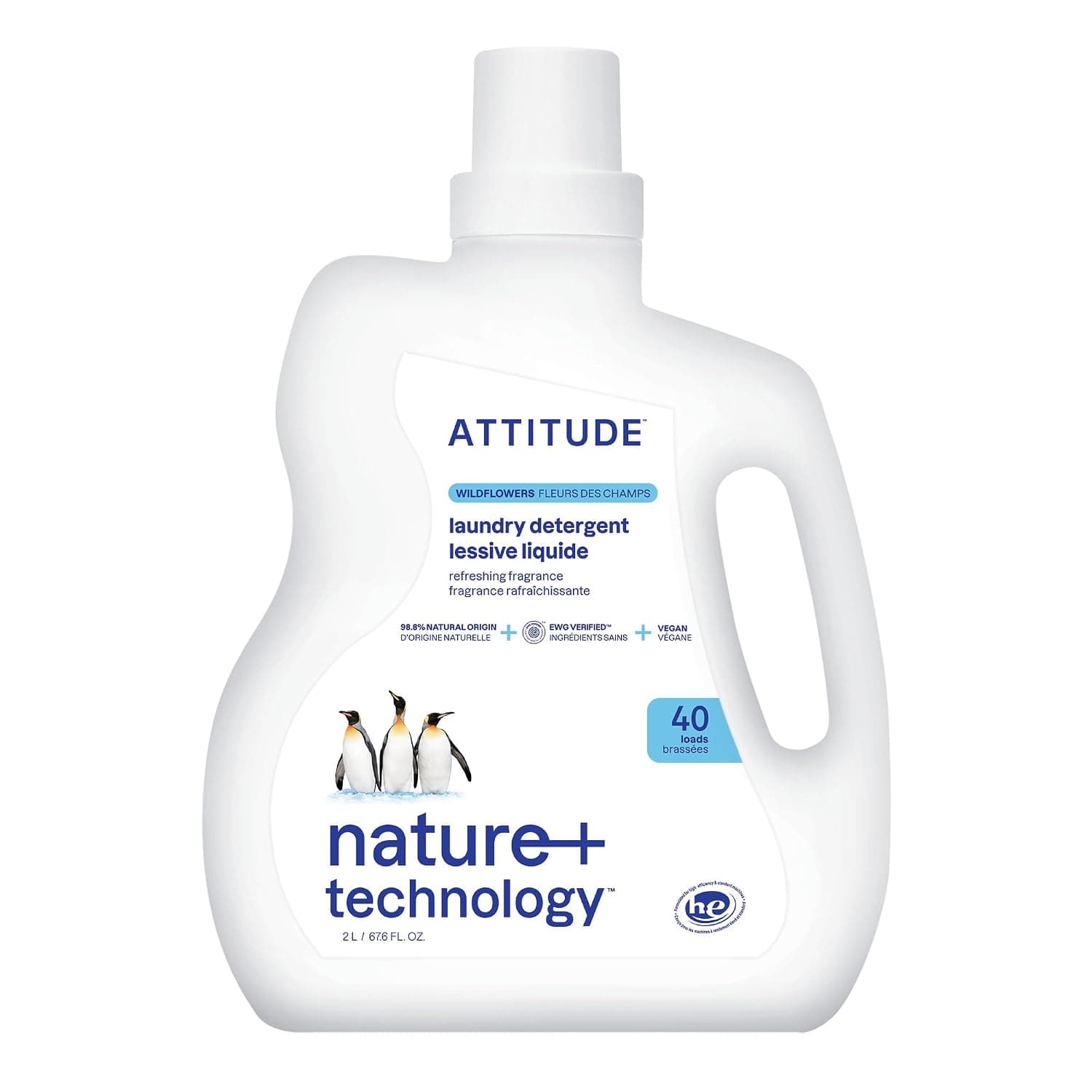 ATTITUDE Laundry Detergent, Plant and Mineral-Based Ingredients, HE, Vegan and Cruelty-Free Laundry Products, Wildflowers, 40 Loads, 2 Liters
