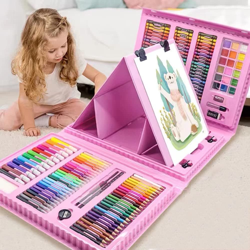 XDISHYN 208 PCS Art Supplies, Drawing Kit for Kids Adults Art Set with Double Sided Trifold Easel, Oil Pastels, Crayons (Pink)