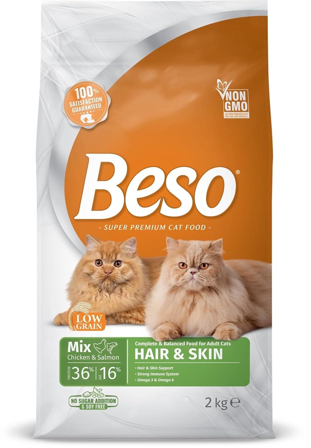 Beso Hair & Skin Adult Cat Food 2 kg, Mix Chicken & Salmon, Complete & Balanced Nutrition for Healthy Coat & Skin