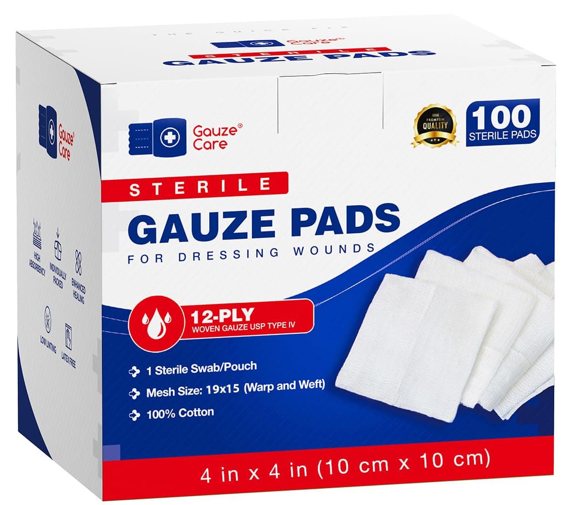 Gauze Care 100pc Large Sterile Pads 4x4 Sterile for Wounds Bulk - 12ply Woven Sponges 4x4 Sterile - USP IV Breathable Mesh 4x4 Pads Sterile for Enhanced Absorption - First Aid Medical