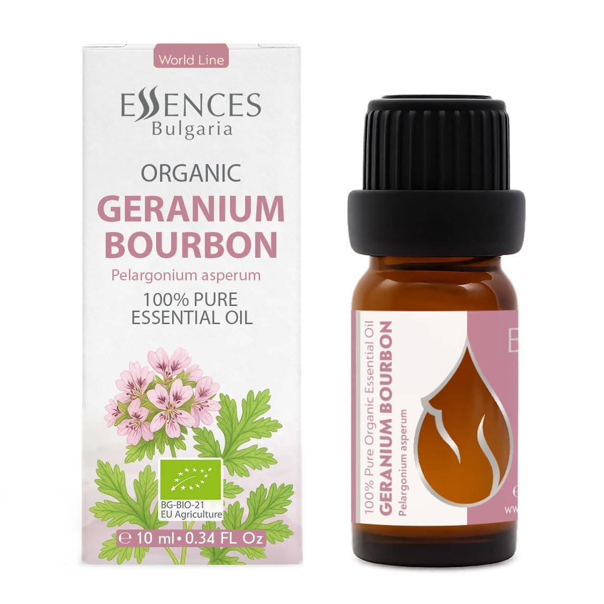 Essences Bulgaria Organic Geranium Bourbon Essential Oil 0.34 Fl Oz | 10ml | Pelargonium asperum | 100% Pure and Natural | Undiluted | Therapeutic Grade | Aromatherapy | Cosmetics | Cruelty Free