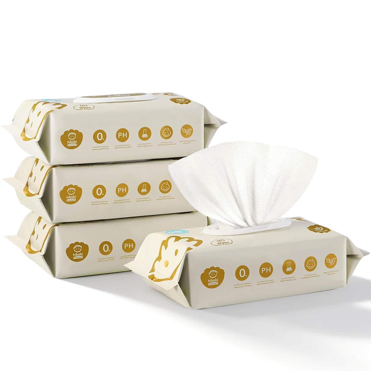 Hibobi Premium Baby Wet Wipes for Sensitive Skin, Soft Textured & Fragrance-Free, 4 Flip-Top Packs, 80 Wipes per Pack (320, Extra Large)
