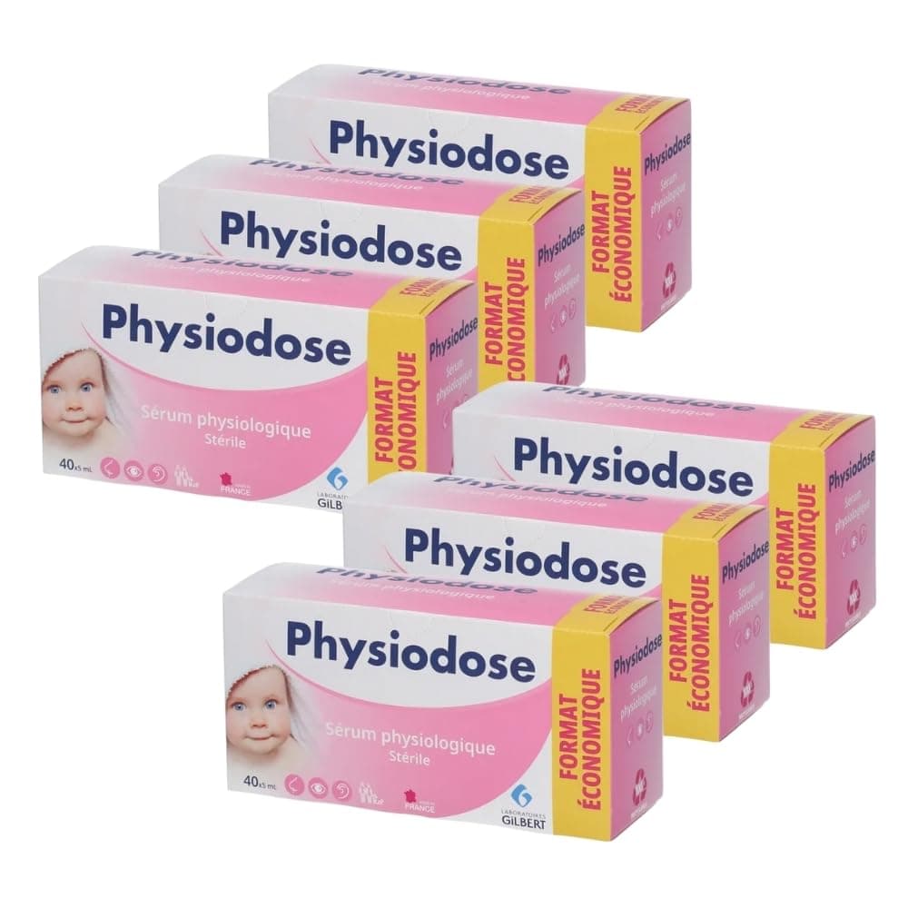 Pack 6 PHYSIODOSE - Physiological Serum 40x5ml - Hygiene of the nose, eyes, ears – Infant, baby, adult – Laboratoires Gilbert – Made in France