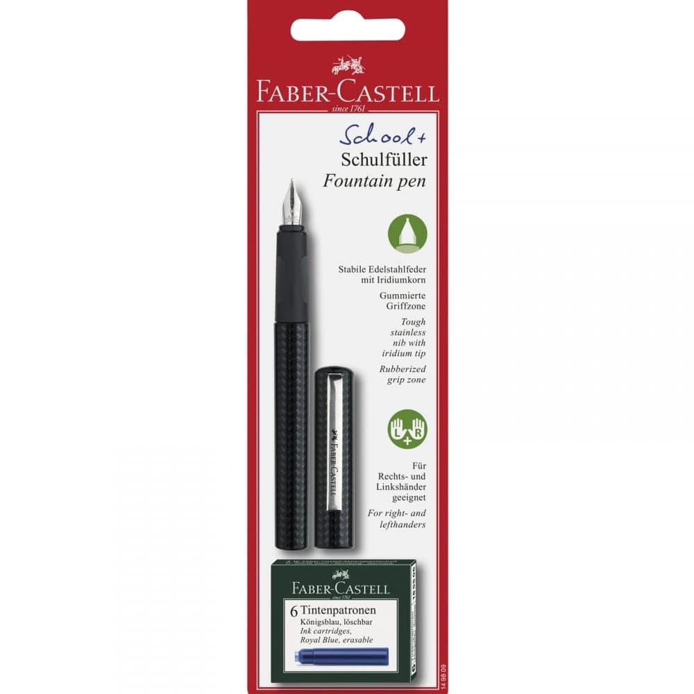 Faber-Castell Faber Castell Fountain Pen Carbon Design Medium Nib + 6 Blue Ink Cartridges, SCHOOL+, 149809