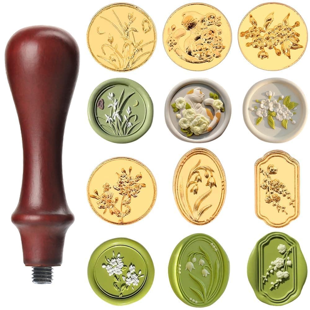 Bukela Wax Seal Stamp Set, 1 Wooden Handle with 6 Floral Brass Heads, Vintage Wax Seal Kit for Envelopes Invitations Gift Wrapping Wedding Party DIY Craft