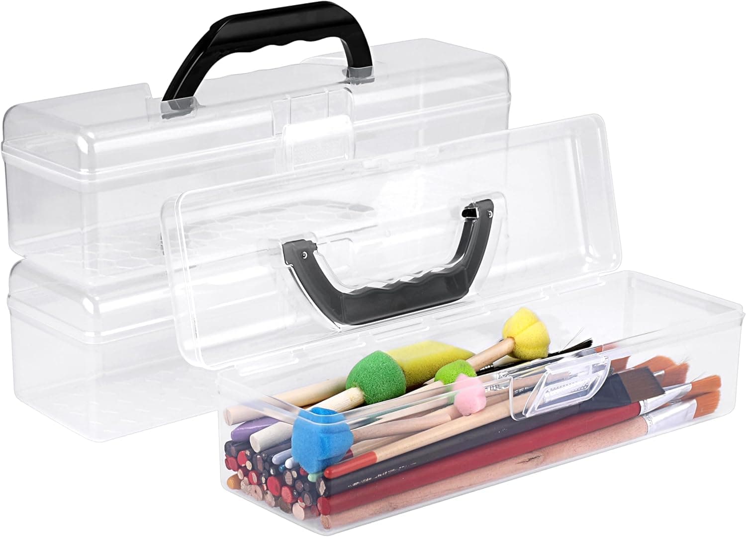 Tazweeq 3Pack Clear Plastic Pencil Box, Portable Long Paintbrush Container with Black Handle, Drawing Tools Art Supply Organizer for Artist and Crafters, Practical Art Supply Storage Case, 33.5x9x6cm
