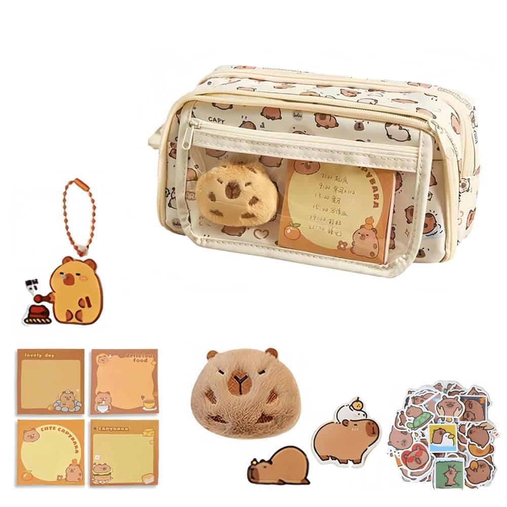 ALMEKAQUZ Capybara Pencil Bag Kit, Cute Pencil Case,with 20 Stickers, 2 Brooches,Sticky Notes & Pendant (Gift Styles are Random), 9-Layer Large Capacity Stationery Storage Bag (White Print)
