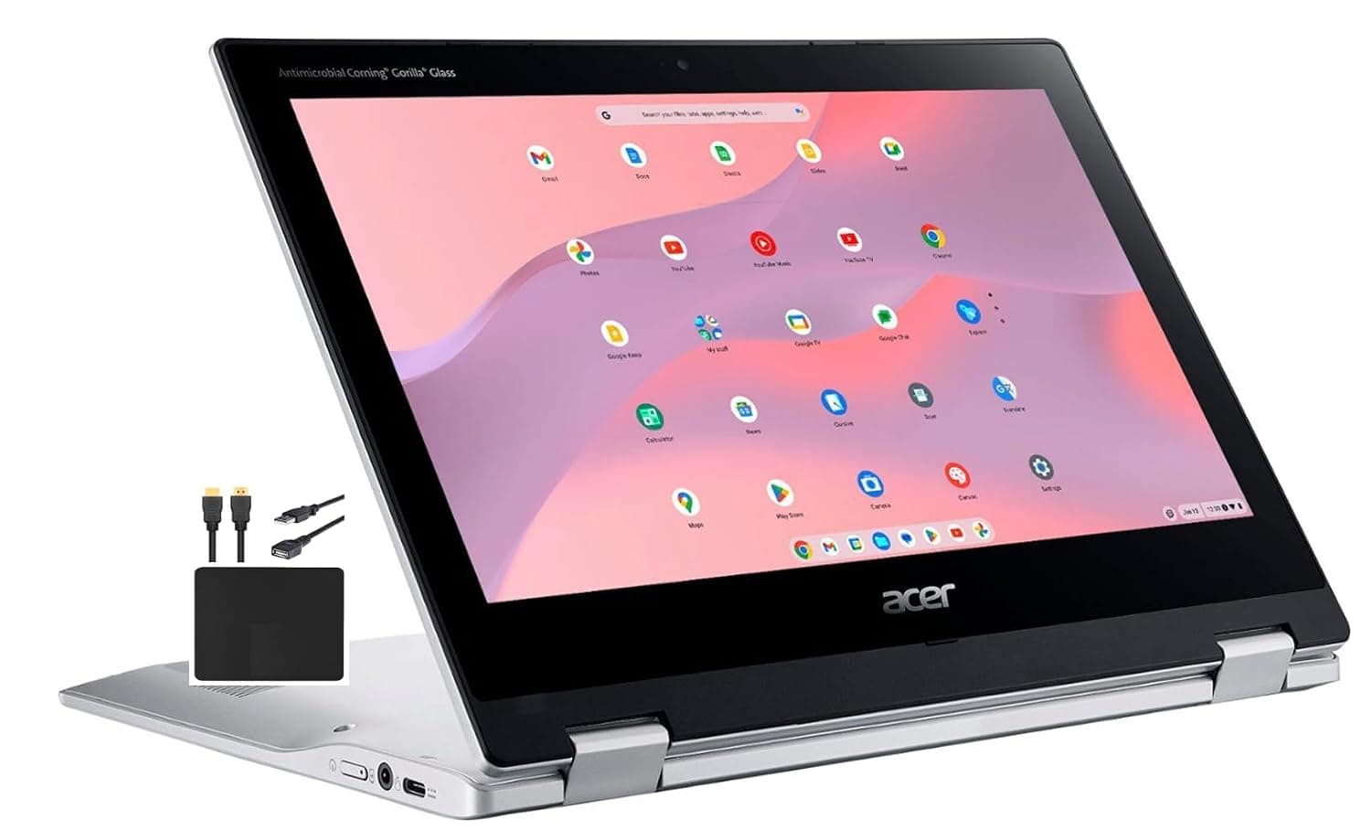 Acer 2023 Newest X360 Chromebook Spin 2-in-1 Convertible Laptop Student Business,8-Core MediaTek MT8183C Processor,11.6‘ HD Touch IPS,4GB RAM,64GB eMMC,WiFi 5,Chrome OS+MarXSolCables,Pure Silver