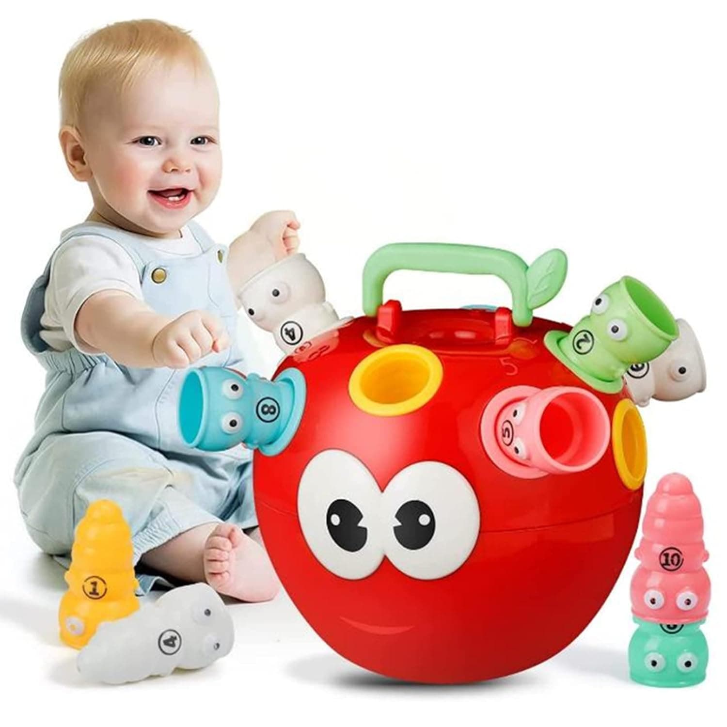 Soofam Apple Learning Sorter Toy, Montessori Toys for 1 2 3 Years Old Boys Girls,with Number & Color Sorting Apple & Worm, Preschool Educational & Fine Motor Portable Toys for Baby Birthday Gifts