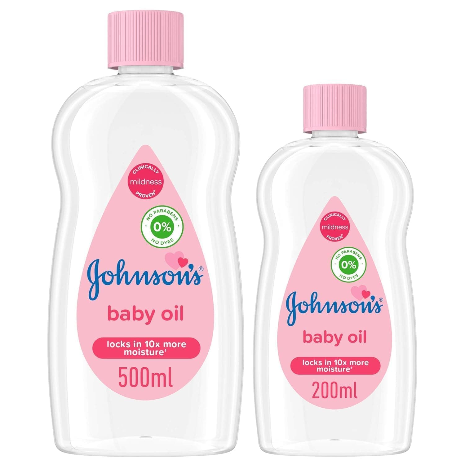 Johnson's Baby Oil, Locks in 10x More Moisture, Clinically Proven Mildness, Protects Delicate Skin from Dryness, Dye and Paraben Free, Hypoallergenic, Dermatologically Tested, 500ml + 200ml, Pack of 2