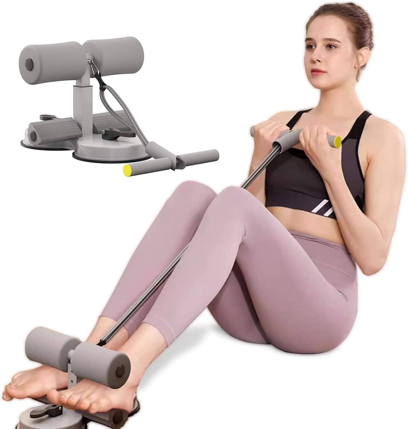 Sit Up Bar Foot Holder,Portable Sit Up Floor Holder, Sit Up Exercise Equipment,3 Level Adjustable, with 2 Strong Suction Cup and Elastic Pull Rope,for Abs Workout Aids,Feet and Leg Strength Training,