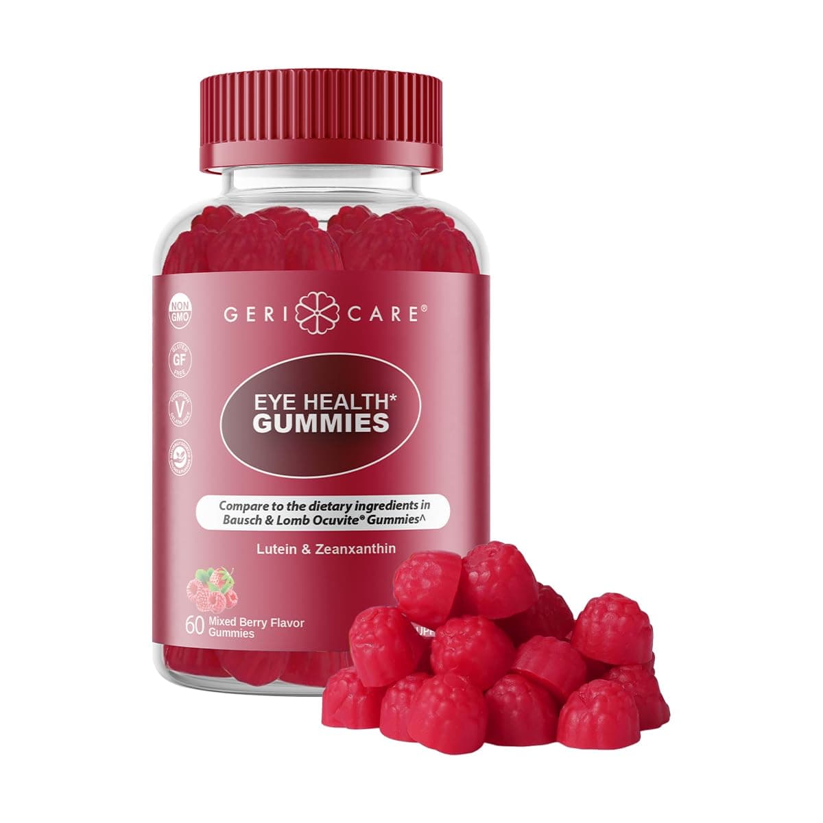 GeriCare Eye Support Gummies – Daily Lutein & Zeaxanthin Supplement for Vision Health – Naturally Sourced, Plant-Based, Non-GMO, Gluten-Free – 60 Chewable Mixed Berry Gummies