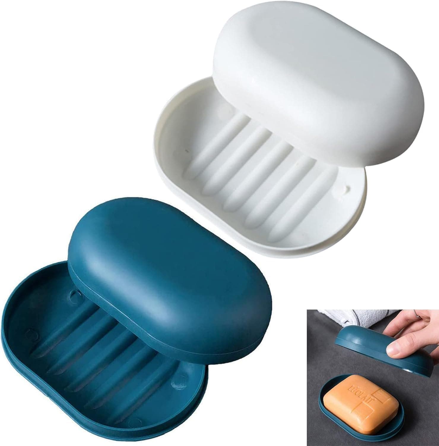 X spring Soap Box, 2 Pack Portable Dish with Lid, Travel Container Holder for Bathroom Kitchen Sink, Leak Proof Plastic Case for Bar Storage, Slotted Layer for Camping and Gym Outdoor Use