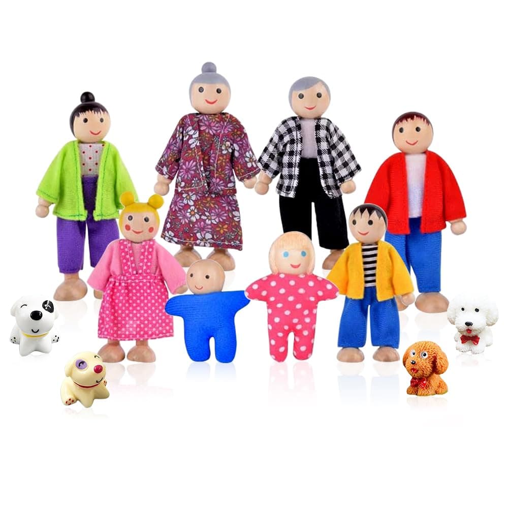 12 Piece Dollhouse Doll Family Set, Wooden Dollhouse Dolls Play Set Bending Dolls Children Game House Dollhouse Accessories Toy Gift