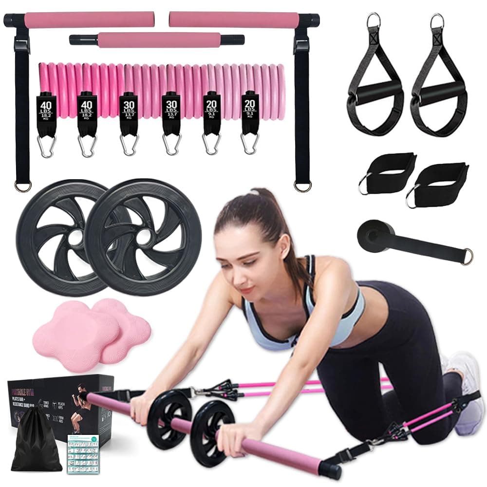 Pilates Bar Kit with 180LBS Resistance Bands(20,30,40 LB),21PCS Pilates Equipment Exercise Bar with Ab Roller, Portable Home Gym Fitness Pilates Bar for Women & Men