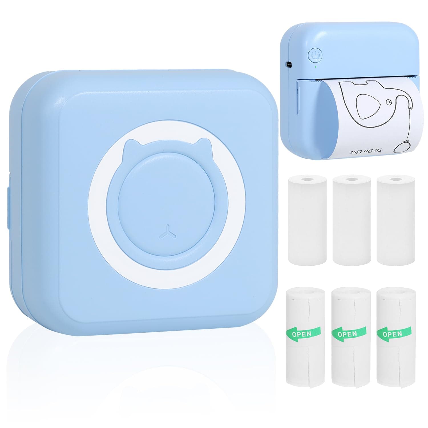 AURTEC Mini Thermal Printer, Portable Wireless Bluetooth Inkless With 3 Rolls of Sticker and 3 Rolls of Thermal Paper, Compatible With Android/iOS, Pocket for Memo, Photo and More Blue