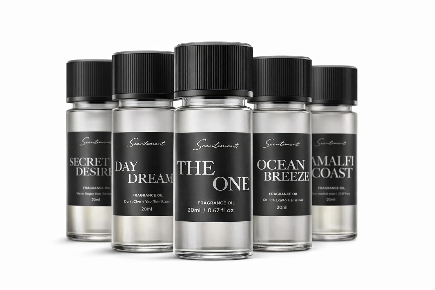 Scentiment Luxury Hotel Scents - 5 Diffuser Oil Set - 5 x 0.68 fl oz(20 mL) | Secret Desires, Day Dream, The One, Ocean Breeze & Amalfi Coast - Fresh Floral, Woody & Citrus Scents Home Fragrance Oils