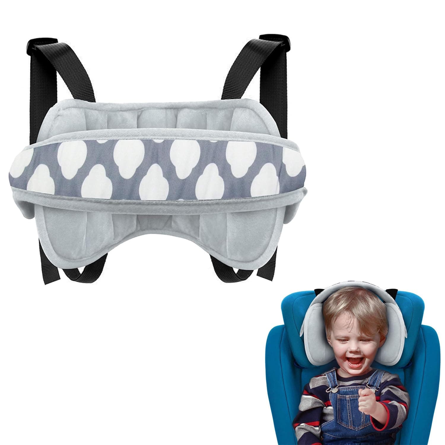 Adjustable Cotton Child Car Head Support, Soft Toddler Car Seat Headrest with Sleep Strap. Relieves neck strain and provides safe head protection, practical neck support band for road trips, Grey