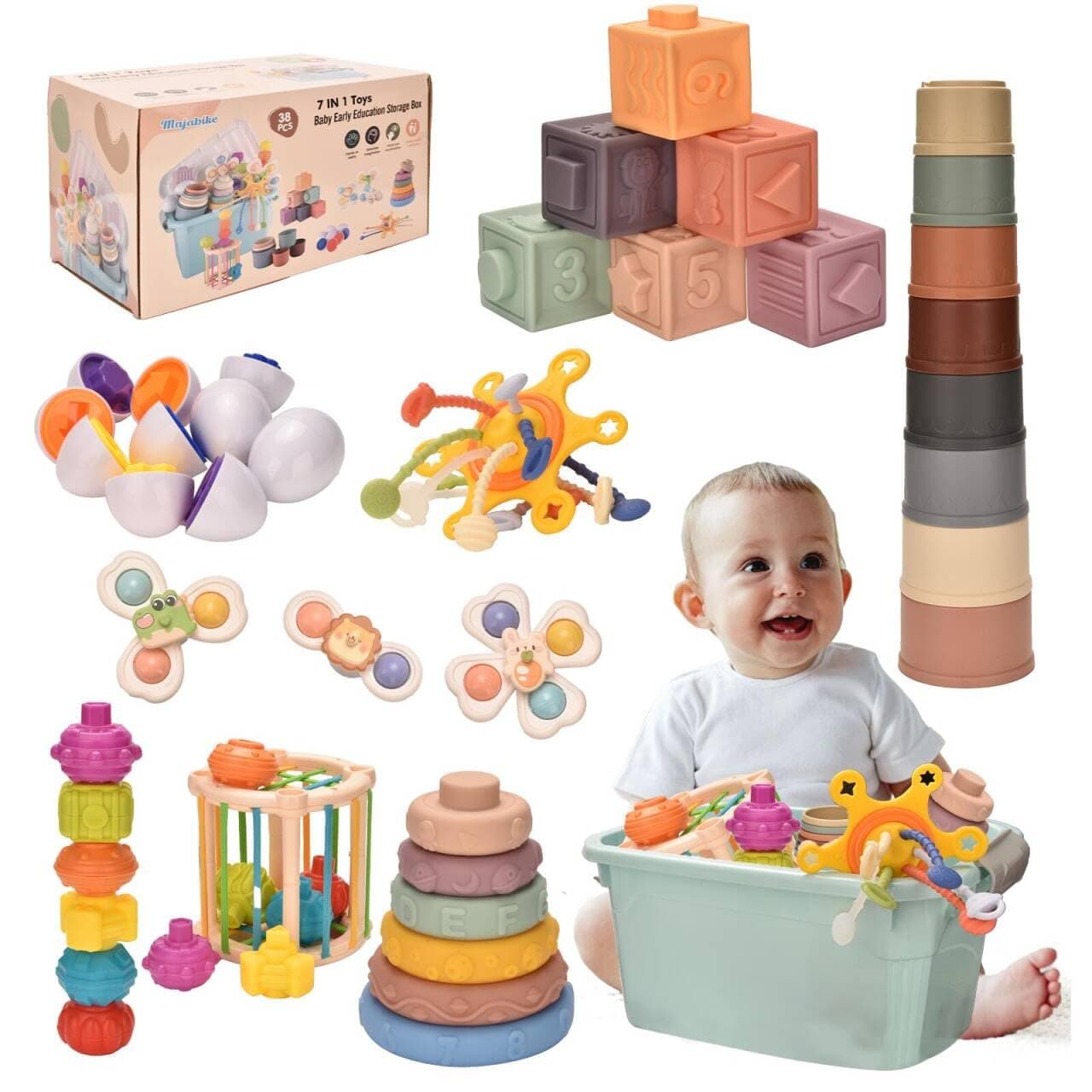 Montessoriii Toys for 1 Year Old,Baby Toys 6-12 Months,Stacking Building Blocks & Soft Infant Teething & Matching Eggs for Toddlers 6-9-12 Months,Baby Boys&Girls Gifts(7 in 1)