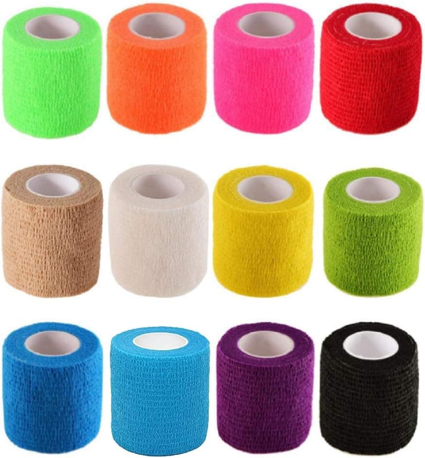 12 Pack Nonwoven Self-Adhesive Bandage, Tattoo Supplies Self-Adherent Cohesive First Aid Medical Wrap, Elastic Athletic/Vet Tape for Wrist 2 Inches Wide(Black) (colorful)