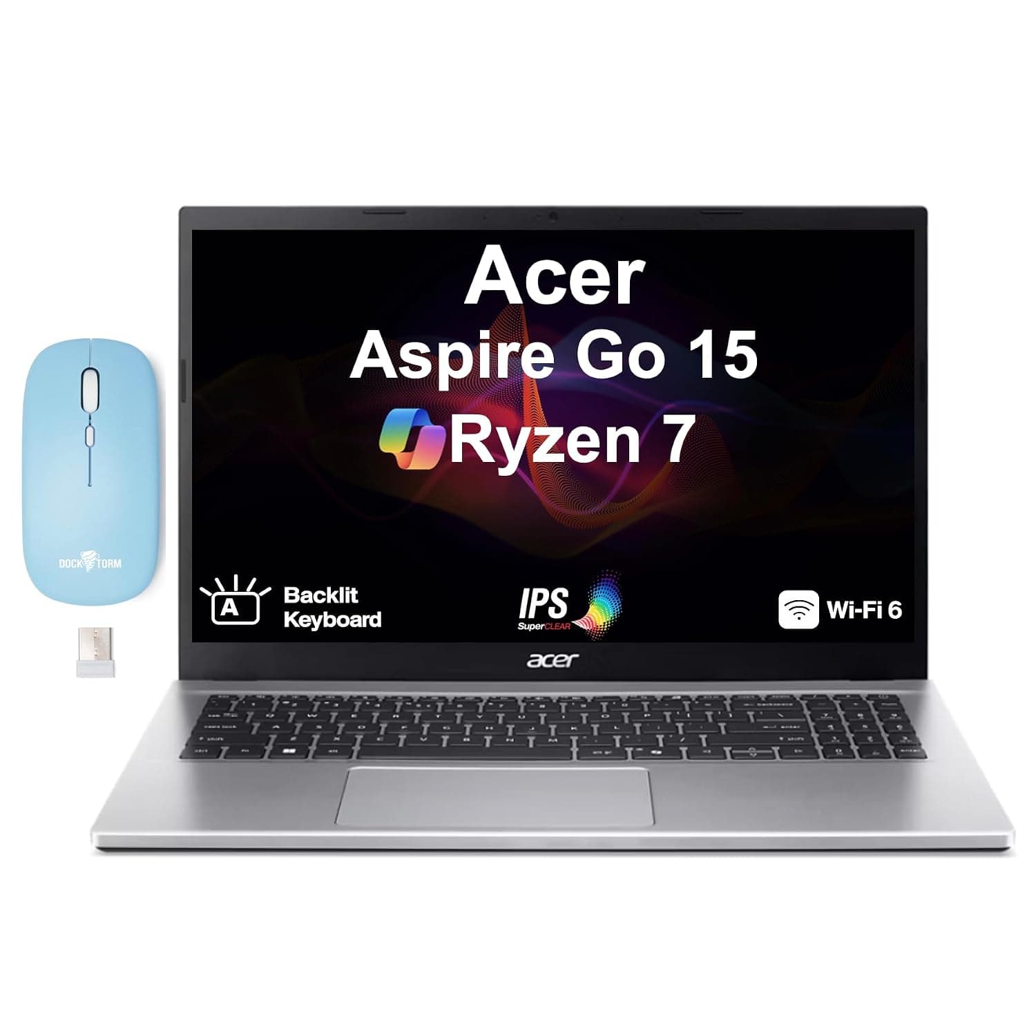 acer Aspire Go 15 AI Ready Laptop 15.6" IPS FHD Display (AMD Ryzen 7 5825U, 16GB DDR4, 512GB PCIe SSD, AMD Radeon, Backlit KB, WiFi 6, Webcam, Win 11 Pro) w/Dockztorm Wireless Mouse