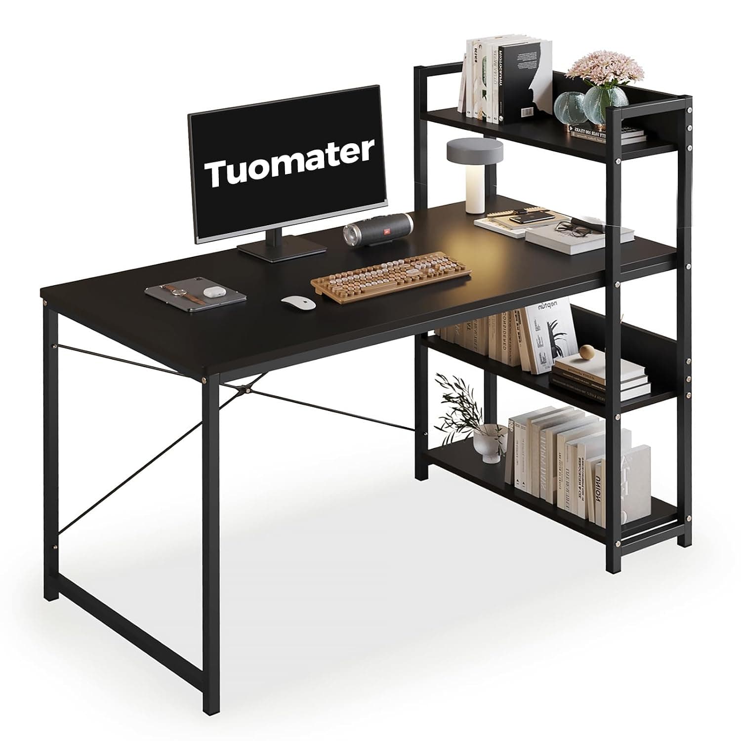 Study Desk with Bookshelf, Computer Desk for Small Space, Office Desks with Storage Shelves, Simple Writing Desks Table for Home Office Workstations, School, Gaming, 110 x 50 x 73 cm (Black)