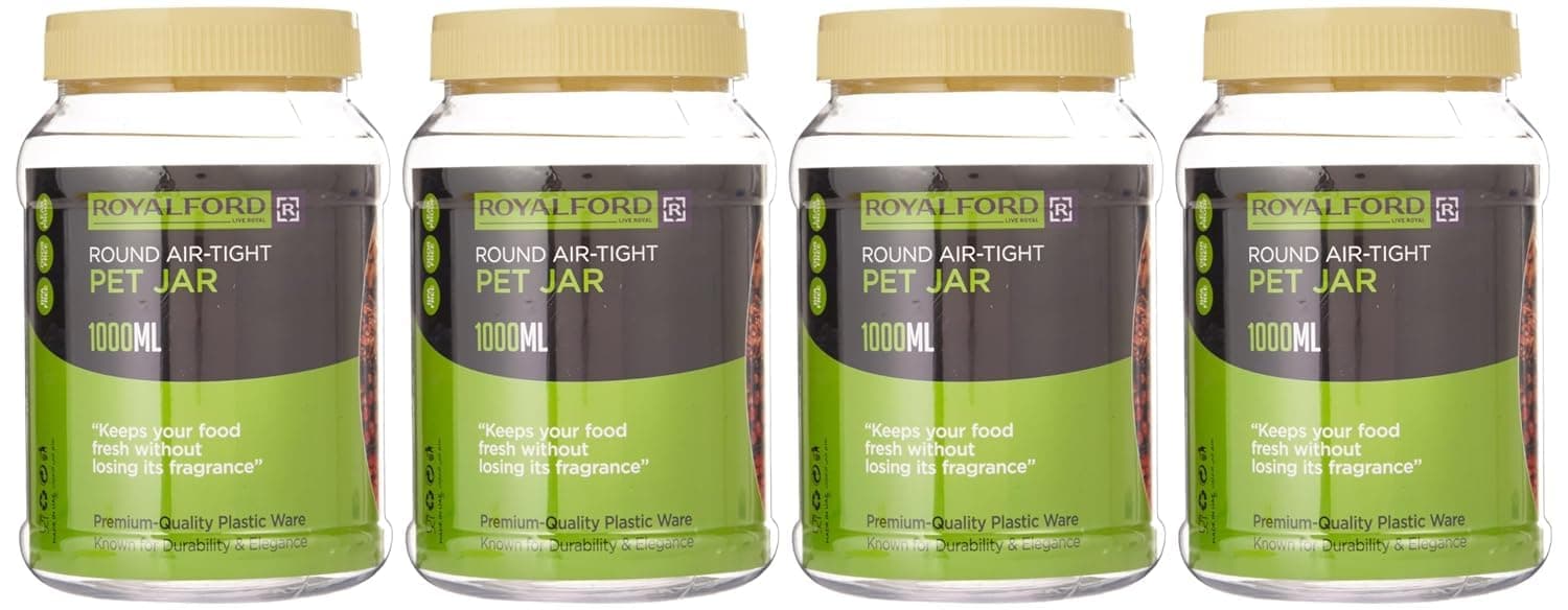 RoyalFord Round Airtight PET Jar RF11225 1000ml Set of 4 Storage Containers Transparent Jar for Pulses, Cereals and Spices For Kitchen Organization PET Canister Kitchen, Clear, assorted cover color