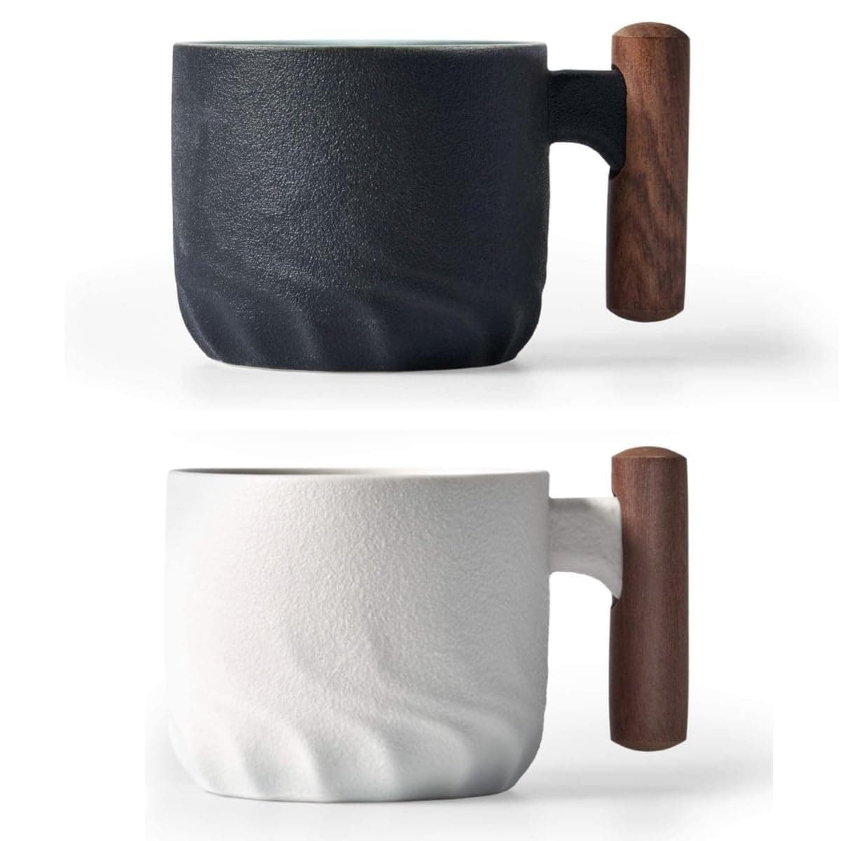 Black and White Ceramic Espresso Mug with Wooden Handle 3oz Microwave Safe Porcelain 5.3x4.7cm Hand Wash Only