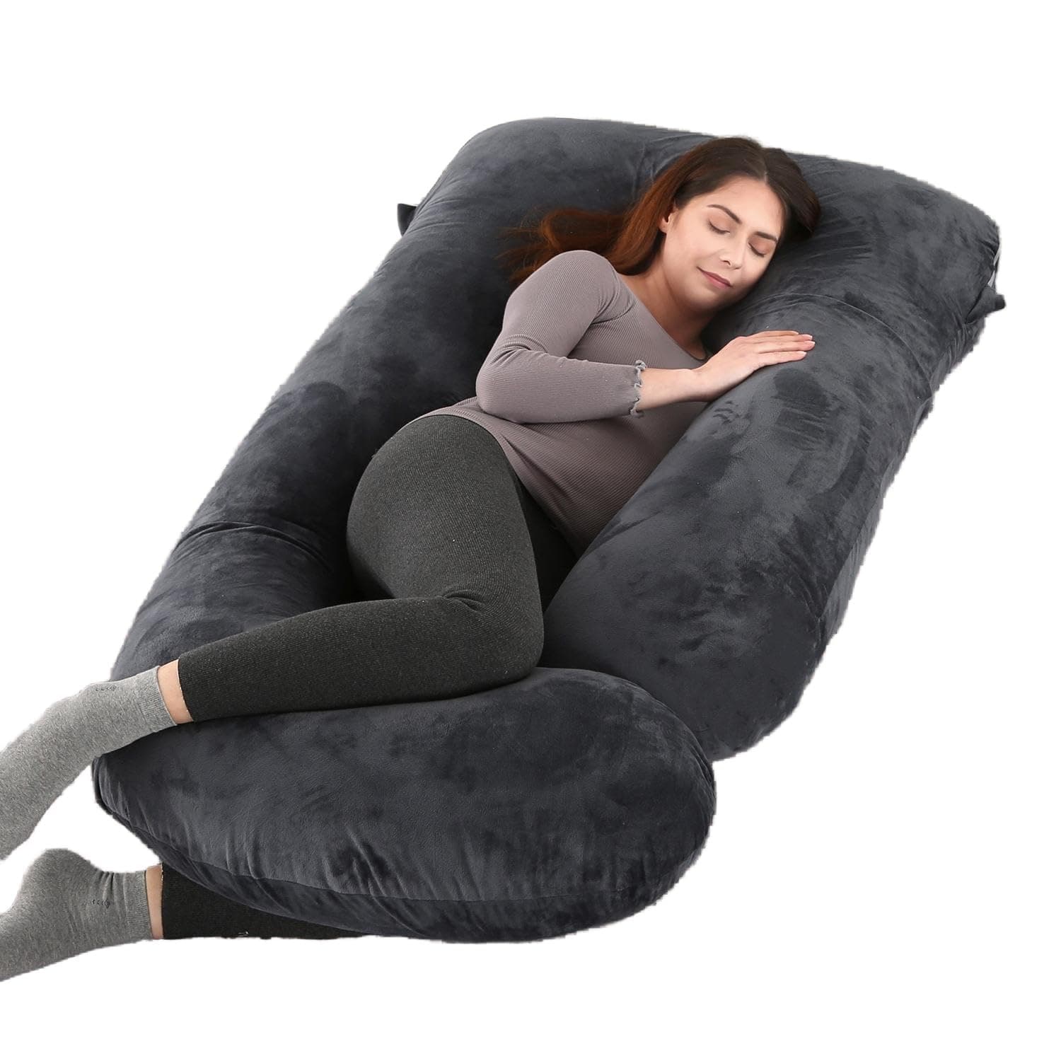 ALLOPERA U-Shape Full Body Pregnancy Pillows, Maternity Pillow for Sleeping Support for Legs, Back, Neck, Shoulder, HIPS, Belly for Pregnant Woman, 57 inch Prenancy Pillow (Black) | Side Sleeper Support for Back, Belly, Hip & Leg, Pregnant Women, Removable & Washable Cover, Adjustable Fill, 57 Inch, Velvet