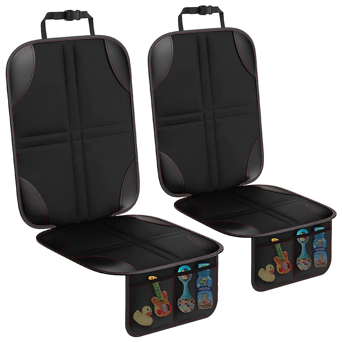 Car Seat Protectors 2Pack, Non-Slip Waterproof Auto Seats Pad Under Baby Car Seat 600D Oxford Fabric Carseat Cover with 2 Thick Padding Mesh Storage Pockets Pet Child Seats Mat for Sedan Truck SUV Van
