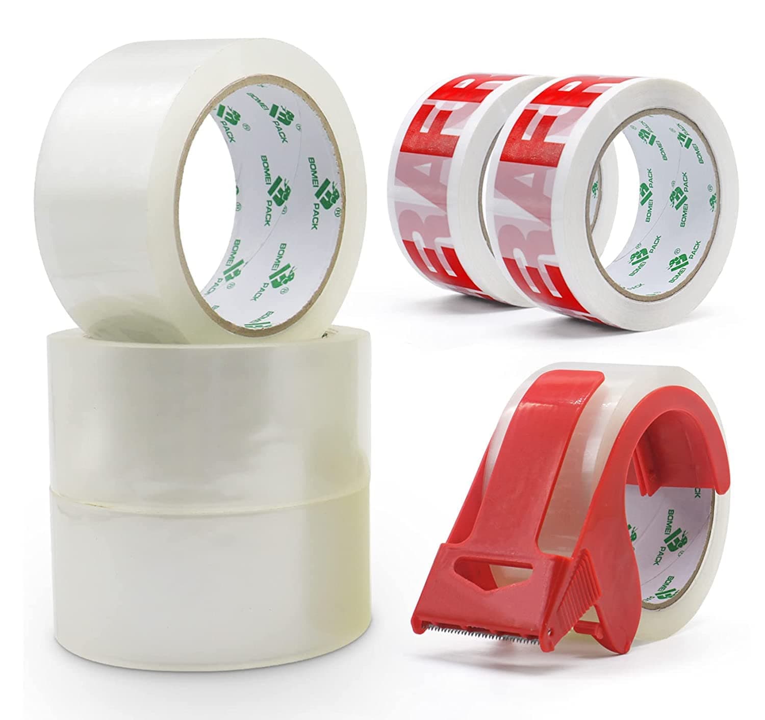 BOMEI PACK 6 Rolls 4 Clear and 2 Fragile Packaging Tapes with 1 Dispenser Sticky Heavy Duty Carton Secure Packing Tape 48 mm x 50 m Shipping Parcels Sealing Tape