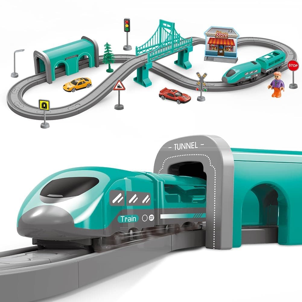 Electric Train Set for Boys, 66Pcs Battery Operated Railway with Magnetic Tracks, DIY Assembling Rail Car Building Kit, Educational Construction Toy for Kids