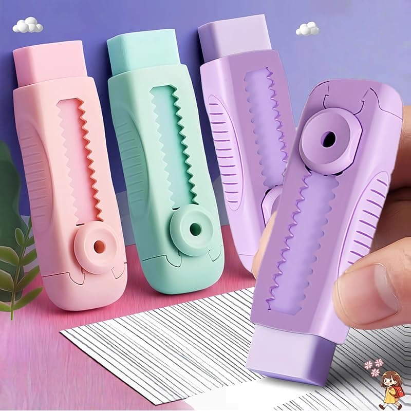 3 Pack Sliding Retractable Eraser, Large Push Pull Eraser, Removable Rubber Erasers for School Office Home, Drawing Writing Supplies, Pink, Purple, Green