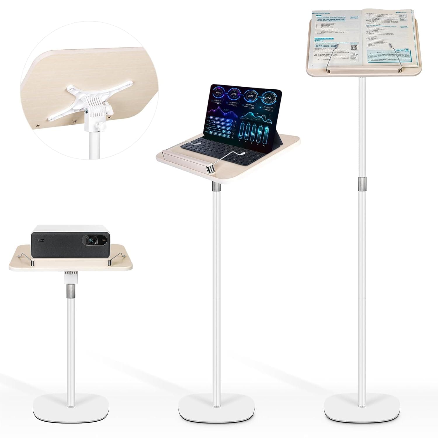 Quran Stand Holder, Adjustable Book Stand Holder, Adjustable Height Angle Book Stand with Page Clip, Sturdy Podium Stand for Reading, Bible, Laptop, or Projector (White, 50-130CM)