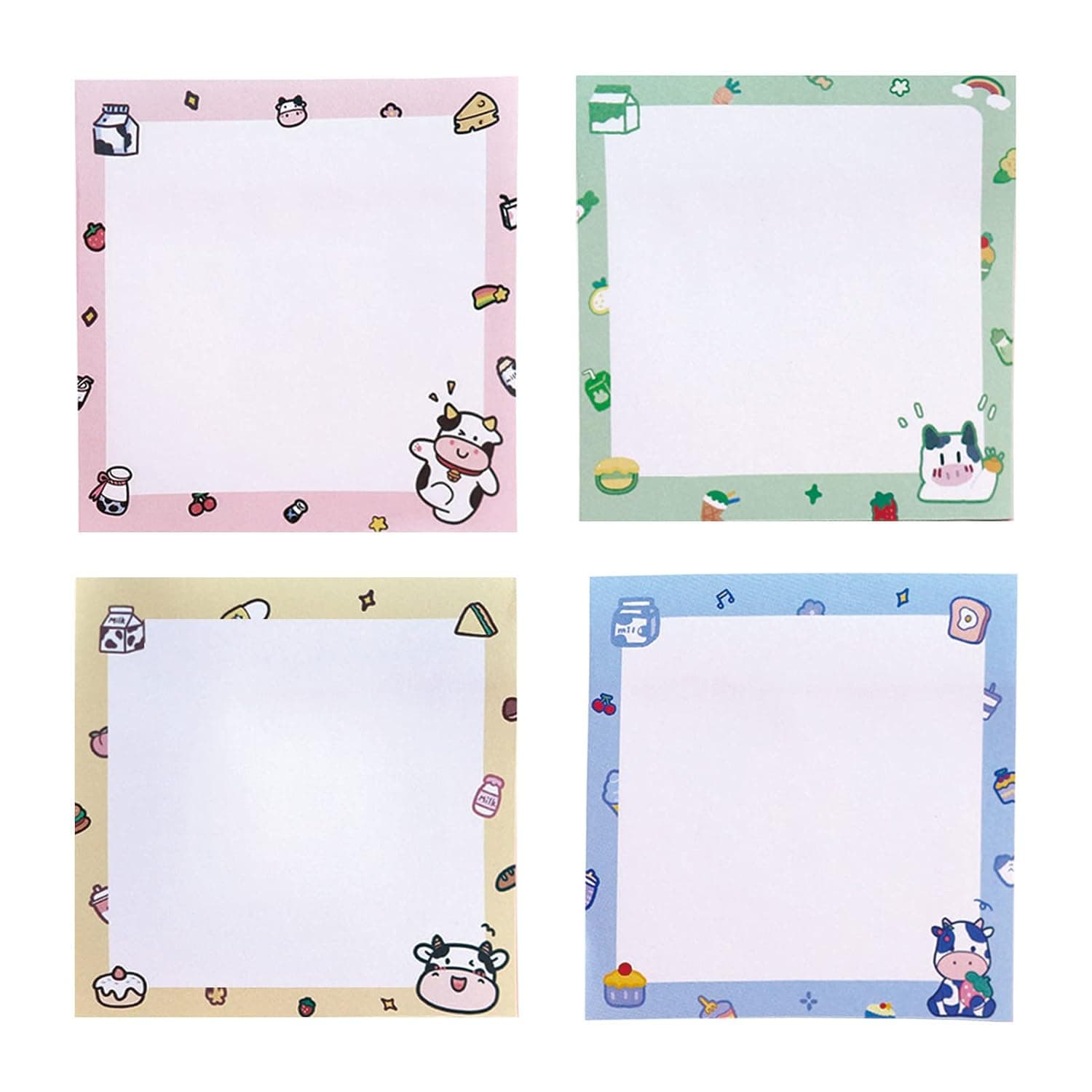320 Pcs Cute Sticky Notes, 4-Pack Kawaii Cow Fruit Sticky Notes 3x3 inch, 80 Sheets/Pad Self-Stick Memo Pads, Cute Notepad Stationery for Home Office Classroom