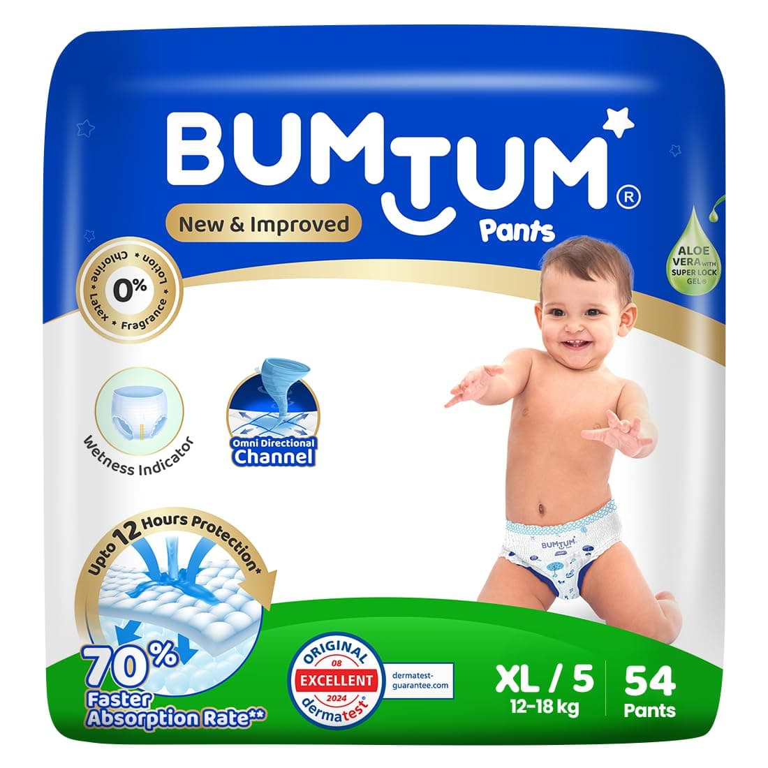 Bumtum Baby Diaper Pants, Xl (Size 5), 12-18 kg, Double Layer Leakage Protection Infused With Aloe Vera, Cottony Soft High Absorb Technology, 54 Diaper
